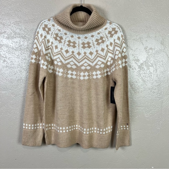 Tommy Hilfiger turtleneck knit fair isle nordic long sleeve tan sweater Large - Picture 12 of 16